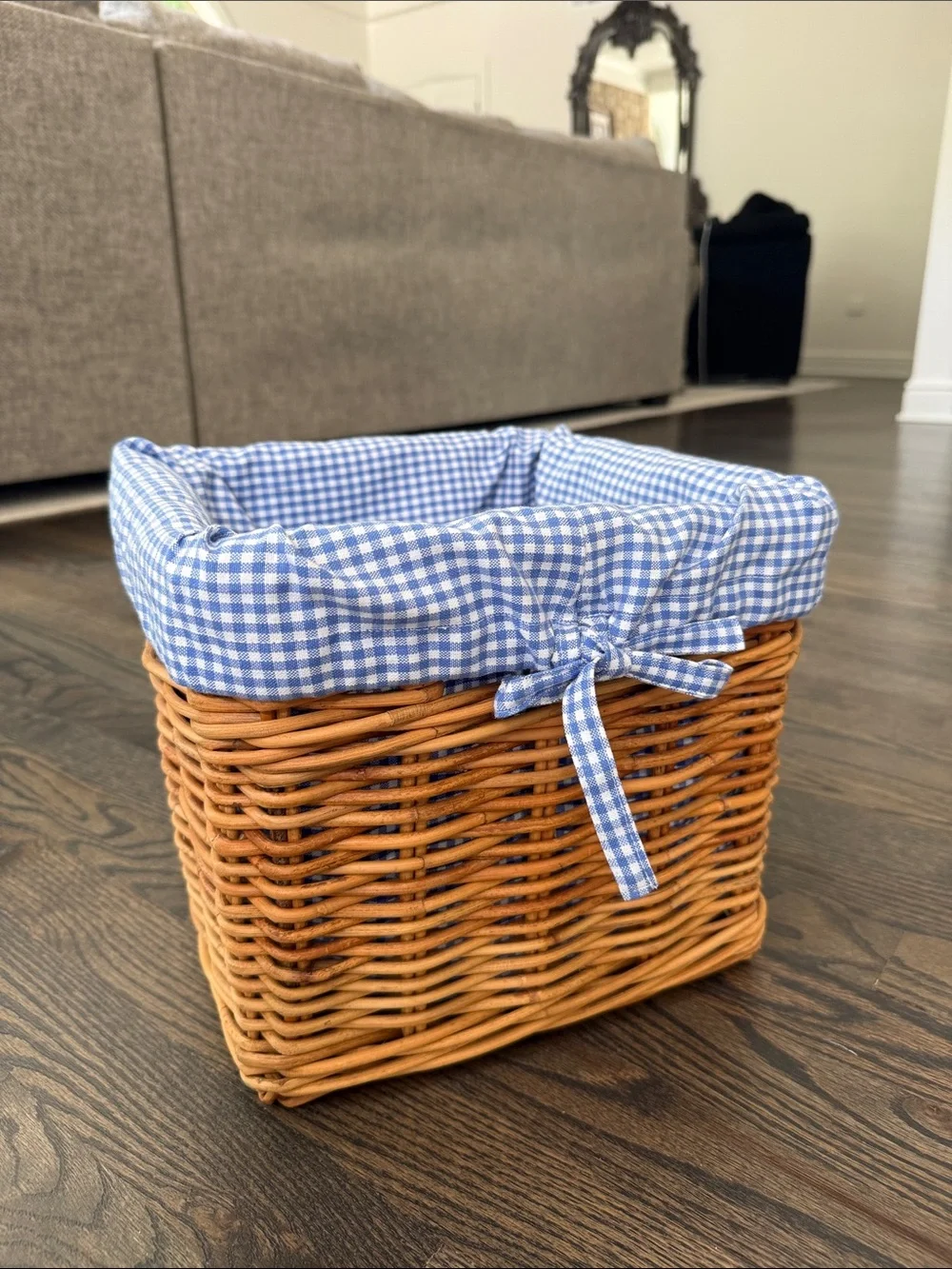 Pottery Barn Kids Woven Rattan Basket with Blue Gingham Liner
